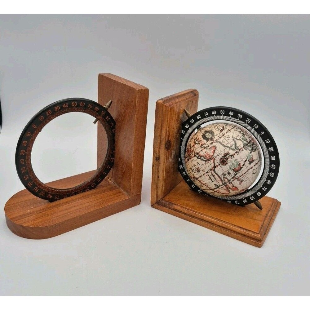 Vintage Old World Spinning Globe Wooden Book Ends Mismatch Missing Globe